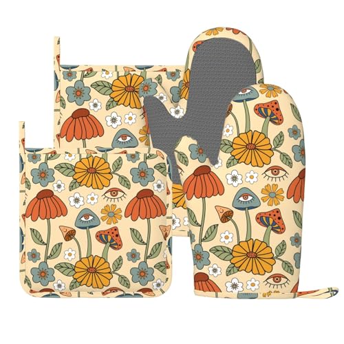 Retro 70s Floral Hippie Mushroom Oven Mitts and Pot Holders Set of 4 Silicone Heat Resistant Oven Mitten Potholders Non Slip Gloves Kitchen Decor for BBQ Cooking Grilling Baking