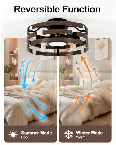 Image of Roomratv Rustic Fandelier Flush Mount Ceiling Fan with Lights,20'' Low Profile Caged Ceiling Fan with Remote,Farmhouse Bladeless Enclosed Small Fan Light Fixtures for Kitchen Bedroom