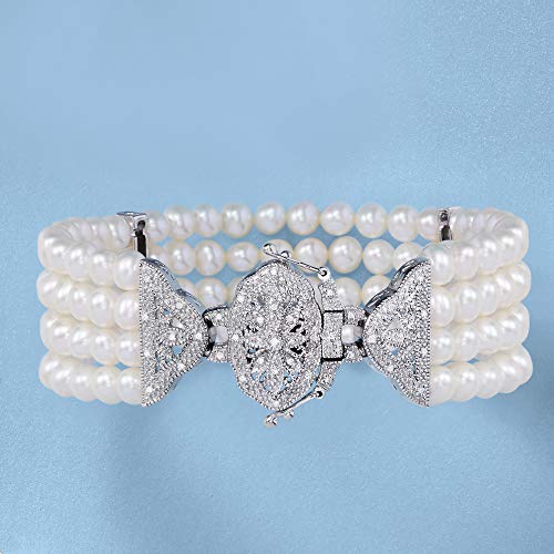 Ross-Simons 4.5-5mm Cultured Pearl and .15 ct. t.w. Diamond Multi-Strand Bracelet in Sterling Silver4
