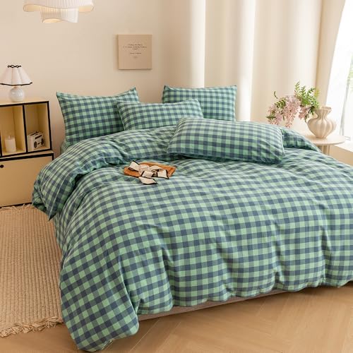 Image of ECOCOTT Grid Plaid Duvet Cover Queen Size -100% Washed Cotton Linen Like Textured Breathable Durable Soft Comfy Bedding Set Mini Green Blue Plaid Comforter Cover