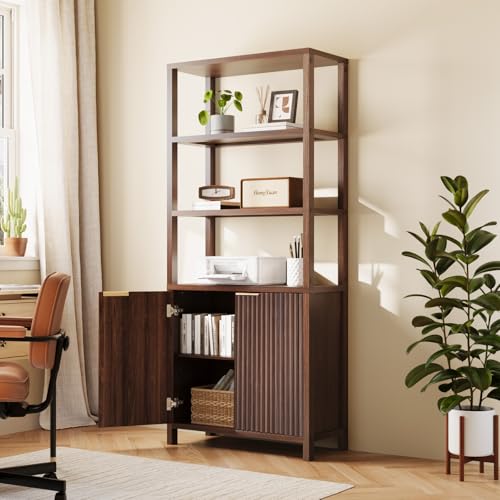 VINGLI Bookcase with Fluted Doors, 71' Wood Storage Cabinet with Adjustable Shelves, 6-Tier Display Cabinet Bookshelf for Study, Living Room, Home Office, Kitchen Pantry, Walnut