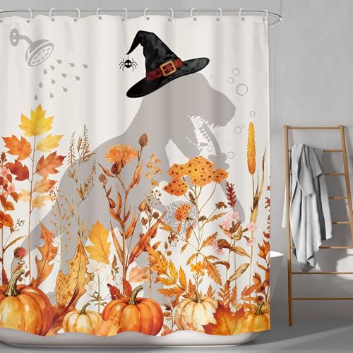 Image of Pumpkin Dinosaur Shower Curtain Bathroom Set 60Wx71H Inches Autumn Fall Funny for Kids Cute Dino Adorable Orange Leaves Bath Accessories Botanical Plant Art Home Decor Fabric 12 Pack Hooks