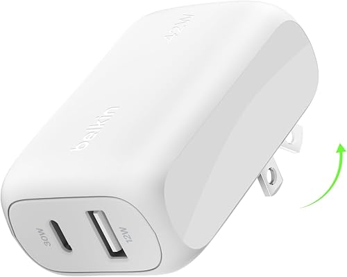 Belkin Bloque de cargador de doble puerto de 42 W, cargador USB-C + USB-A de carga súper rápida, Samsung Galaxy S25, Apple iPhone 17, Air, Pro, Pro