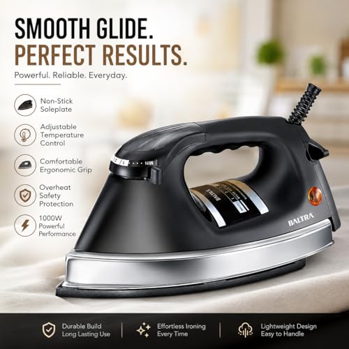 Image of BALTRA Perfect Press Heavy Weight Dry Iron with 2 Year Warranty | 1000W Power | Heavy Body | Adjustable Temperature Control | Cotton Braided Swivel Cord | Overheat Protection ISI Certified
