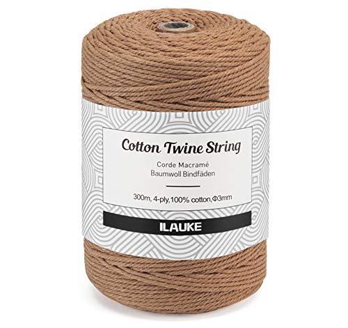 Cuerda de Macramé Natural 3 mm X 300 m - Algodón Trenzado para Manualidades, Artesanía, Tejidos, Decoración, Plantas Colgantes - Marrón Claro