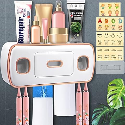 Frasheng Soporte para Cepillo de Dientes montado en la Pared con Dispensadores de Pasta de Dientes automáticos y Tazas magnéticas Cover