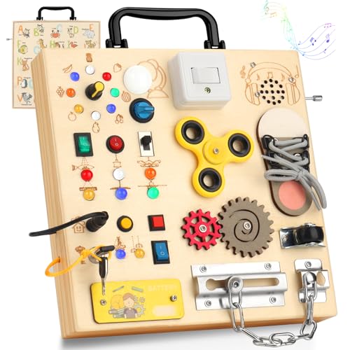 Wooden Busy Board with LED Light,Montessori Baby Learning Toys for Toddlers , Sensory Activity Board , Travel Educational Toy Boy & Girl Birthday Gift (Black Handle) Wooden Busy Board with LED Light,Montessori Baby Learning Toys for Toddlers , Sensory Activity Board , Travel Educational Toy Boy & Girl Birthday Gift (Black Handle)