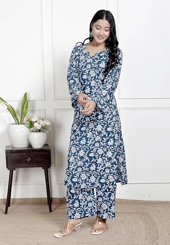 Image of NIKLAV Blue Floral Printed Cotton Kurta Set for Women Featuring Long Straight Kurti with Palazzo, Lightweight Breathable Fabric, V Neckline, Full Sleeves, and Soft Stitch Detailing