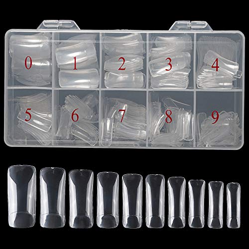Geisofu 500PCS Coffin Fake Nails, 10 Sizes Acrylic Nails Coffin Shaped Ballerina Nails Tips Half Cover False Nail Artificial Nails With Box for Nail Salons and DIY Nail Art(Clear)