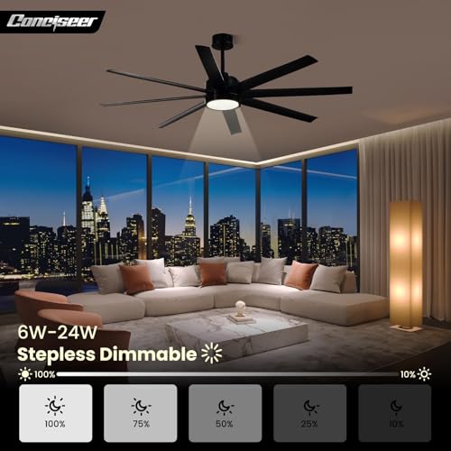 Image of Modern Ceiling Fans with Lights, 65 Inch Ceiling Fan with Light and Remote for Bedroom Living Room Kitchen Office, Indoor /Outdoor Use, 24W 6CCT 8 Blades 6 Speed Reversible Quiet DC Motor, Black