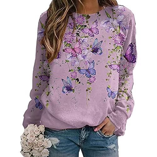 Women's Long Sleeve Print Crew Neck Sweatshirt Casual Print Butterfly Floral Graphic Print Pullover Sweatshirt Tops Light Purple #TOP8