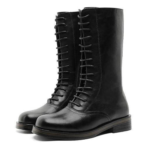 Santimon Men's Dress Combat Boots Lace-Up Side-Zip Mid-Calf Fashion Boots Non-Slip Motorcycle Shoes Black 10 US
