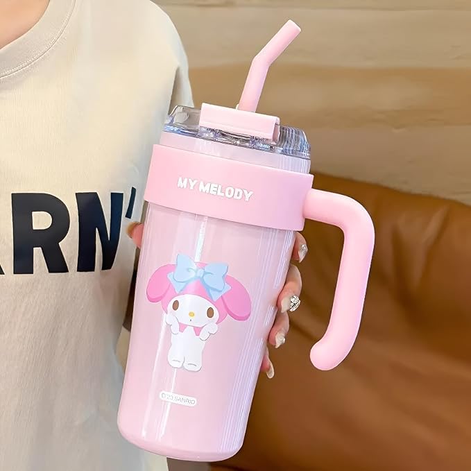 Image of Cute Cartoon Straw Tumbler 860ml with Handle | Doublewall-Reusable Sipper Cup with Lid for Kids & Teens | Lightweight Drinking Mug for Water, Juice & Milk (Pink)