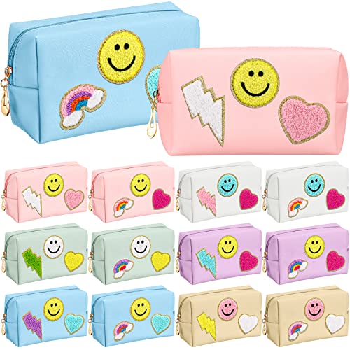 La Mejor Lista de Cosmetiqueras Tumblr Top 10. 44 Sanwuta - 12 bolsas de maquillaje de chenilla con letras de felpilla para cosméticos, organizador de piel sintética, diseño de corazón de sonrisa, pequeño rayo, bolsa de aseo...