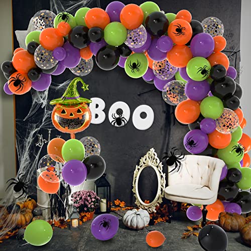 Labeol 136Pcs Halloween Balloons Garland Kit, Halloween Party Decorations Orange Black Purple Green Confetti Balloons Arch Kit With Pumpkin Balloon And Spider Brithday Decorations Supplies #TOP6