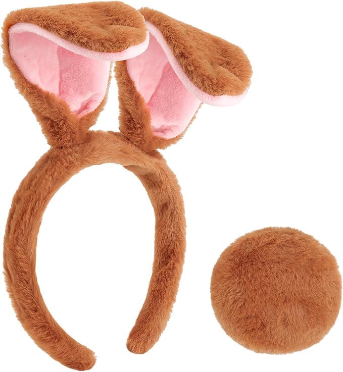 Niltracy Easter Bunny Ears Headband and Tail Bunny Ears Rabbit Ears Headband for Bunny Costume Floppy Bunny Ears Women Girls (Brown)