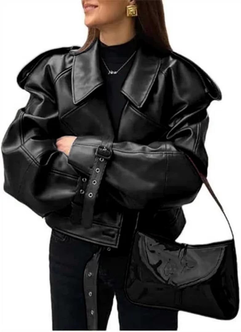 THLAI Womens PU Leather Jacket Long Sleeve Retro Collar Motorcycle Jacket Casual Coat