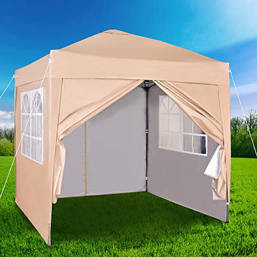 2 x 2 m wasserdichter Pop-Up-Pavillon Falt-Pavillon mit silberfarbener Schutzschicht 4 Seitenwände WS (Beige)