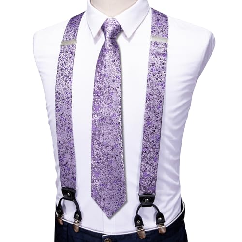 Image of Barry.Wang Men Suspender Set with Necktie Elastic Y Type Heavy Duty 6 Clips Braces Tie Handkerchief Cufflink Pin 6PCS