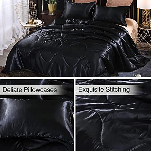 A Nice Night Satin Silky Soft Quilt Luxury Super Soft Microfiber Bedding Thin Comforter Set Full/Queen, Light Weighted (Black, Queen(88-By-88-Inches)) #TOP2