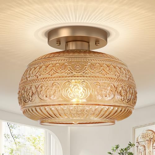 Semi Flush Mount Ceiling Light, Upgraded Modern Close to Ceiling Light Fixture with Amber Glass,Gold Indoor Kitchen Lighting for Porch Corridor Hallway Bedroom, Bulb Not Included