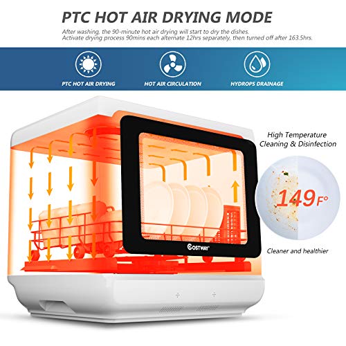 Costway Portable Countertop Dishwasher, Compact Dishwasher With 5 L Built-In Water Tank, 5 Washing Programs, Air-Dry Function, Fruit Washing, Delay Function, Mini Dishwasher For Apartment, Rvs, White #TOP4