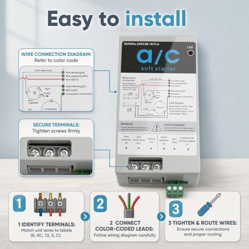 Kit de arranque suave AC 08-16A para aire acondicionado HVAC 1.75-3.5 Ton 230V, reduce corriente de arranque en 70% con protección de inversión del motor, módulo de arranque suave silencioso para hogar, RV, camper miniatura 7