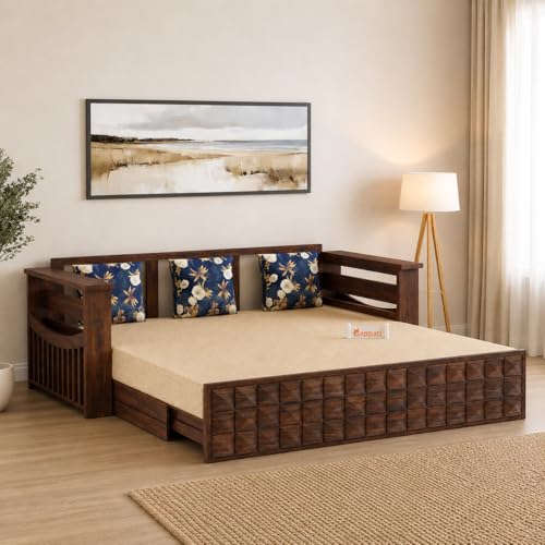 Ganpati Arts Solid Sheesham Wood 3 Seater Diamond Sofa Cum Bed with Side Pocket for Living Room Bedroom Wooden Bedroom Furniture for Home 1 Year Warranty (Walnut Finish)