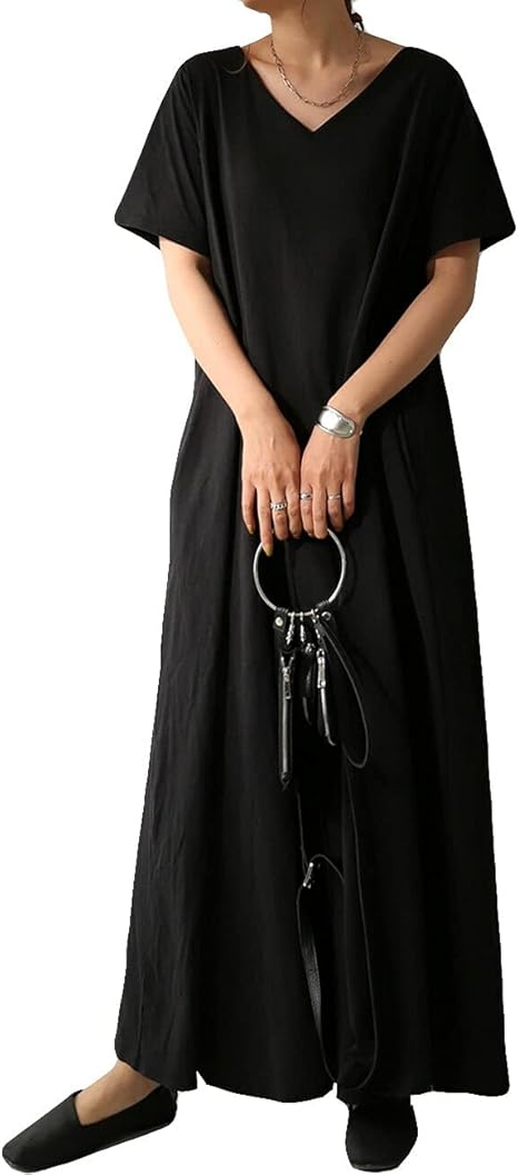 Amazon Co Jp アンティカ ワンピース ワンピ 無地 ロング 綿 ロングワンピ レディース Na F 05 ブラック 服 ファッション小物