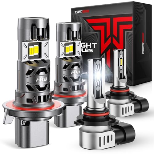 Torchbeam H13/H10 LED Bulbs Combo, 75000LM 6500K Bright White, 1:1 OEM Fit with Enhanced Dual Cooling, Fits Ford F150 2004-2014, F250/F350 2005-2020, Dodge Dakota 2005-2009, Pack of 4