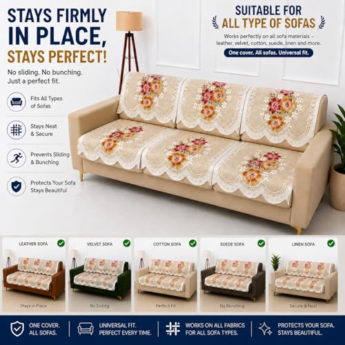 Image of Homerz Premium 'Surya Series' Sofa Cover | Stylish Sofa Protector | Net Fabric | Anti-Stain & Washable Slip Cover Exact Size Antislip (Exclusive Yellow, 5 (3+1+1) Seater, Seat Cover with Backrest)