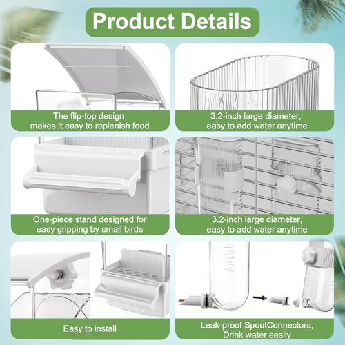 Novabright No Mess Bird Feeder Water Dispenser Set, Automatic Transparent Bird Food Container and 12 oz Automatic Water Feeder for Small Birds Parrot, Cockatoo, Canary, Cage, Lovebird, Budgies(White) - Image 2