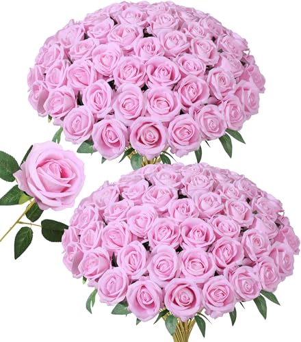 Image of 50 PCS Pink Roses Artificial Flowers, Fake Roses with Stem Realistic Silk Roses for DIY Wedding Bouquets Table Centerpieces Arrangements Baby Shower Birthday Home Decor Valentine's Day Gift for Her