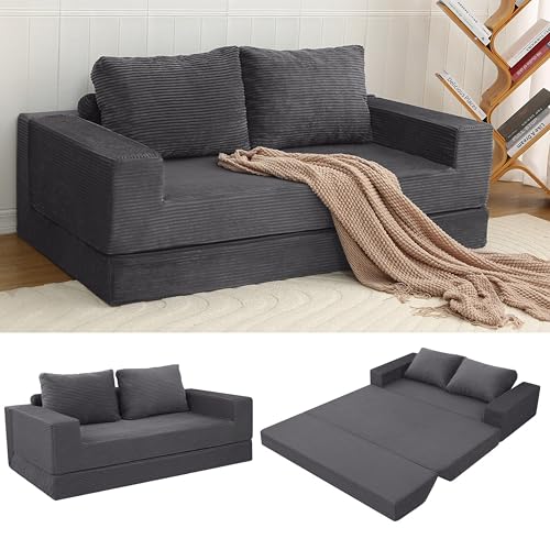 MeMoreCool Boneless Couch, Cord Faltbares Bodensofa mit Kissen, Ausziehbares Futon Schlafsofa, Bequemes Lounge-Sofa/Matratze/Gästebett für Wohnzimmer und Schlafzimmer, Grau