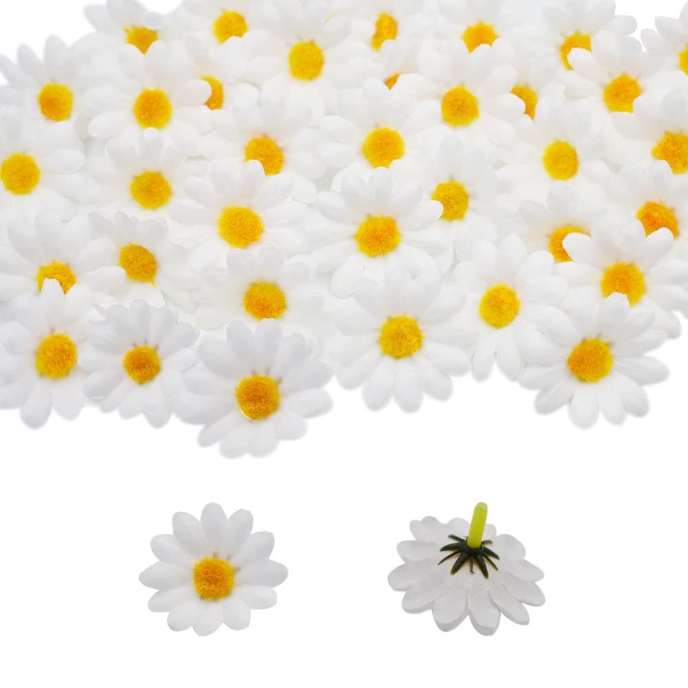 MAKINGTEC Artificial Daisy, 100 PCS Silk Heads, 1.5inch Fake Fabric Gerbera Floral Head for Wedding, Home Decoration, DIY Eggs, Beach Bonnet Craft - White