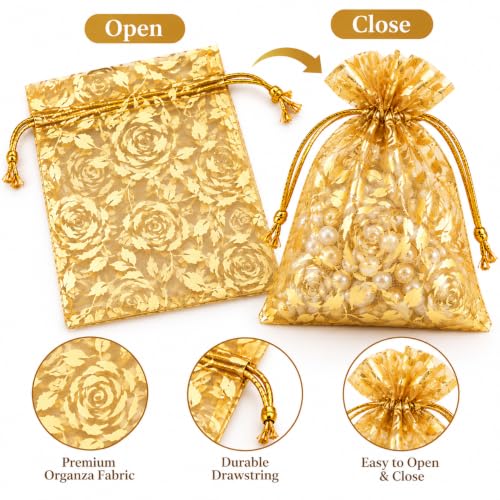 Image of Beingelegant Gold Organza Potli Printed Bags, 10X14 Cms, Pack of 25