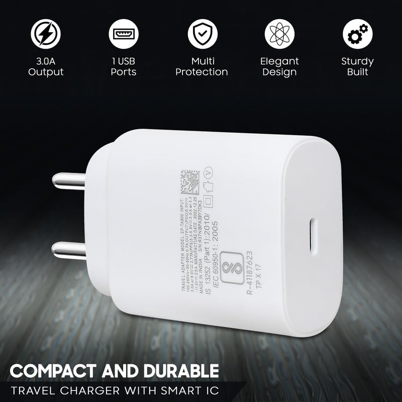 Image of 25W Type C Charger Compatible with Samsung Galaxy M35 5G Cellular Mobile Phone Support USB C Super Fast 25 watt Power Charging Adapter for A55 /F15 /A15 /A35 /M15 /S21 fe /S23 Fe /S24 /S23 /Tab Charge, White