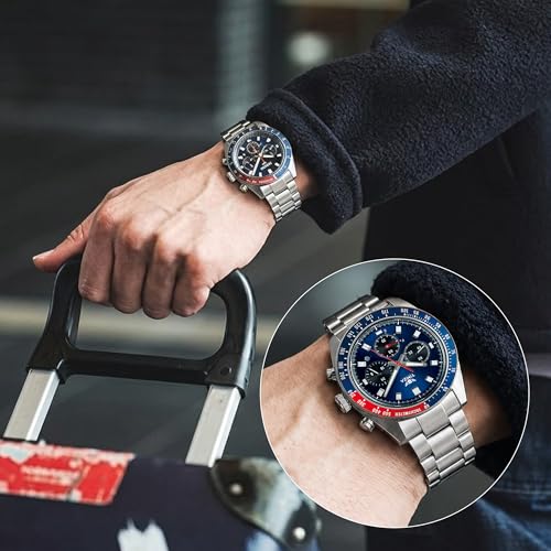 Image of Men's Chronograph Analog Watch with Blue Multi Function Dial, Tachymeter Bezel, Stainless Steel Strap & Quartz Movement