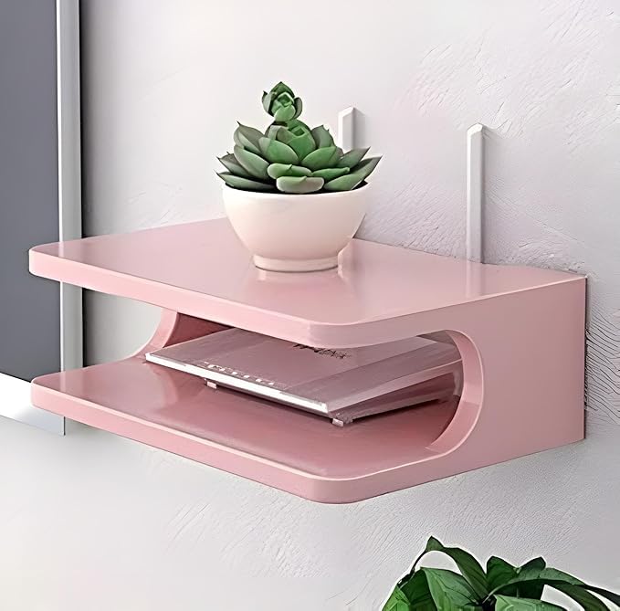 Marlac wood Set top Box Stand | WiFi Router Holder Wooden Wall Shelves | Setup Box Stand for Home | Wall Mount Stylish WiFi Router Holder TV Cabinet Living Room Furniture Pink