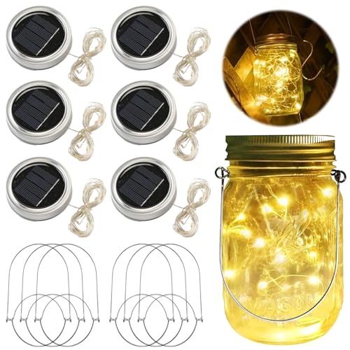 HUIKUANGEU Farolillos Solares Exterior,6 Piezas 30 LED Impermeable Masón Luz Hada 3m,Luz Solar Exterior Jardin,Luces de Tapa de Tarro,Solar Mason Jar Lights,Decorativa para Jardin,para Patio