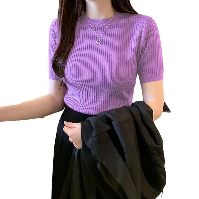 Image of Slim Fit Plain Stretchable Round Neck Rib Knit Short Sleeve Regular Top for Women | T Shirt | Tee