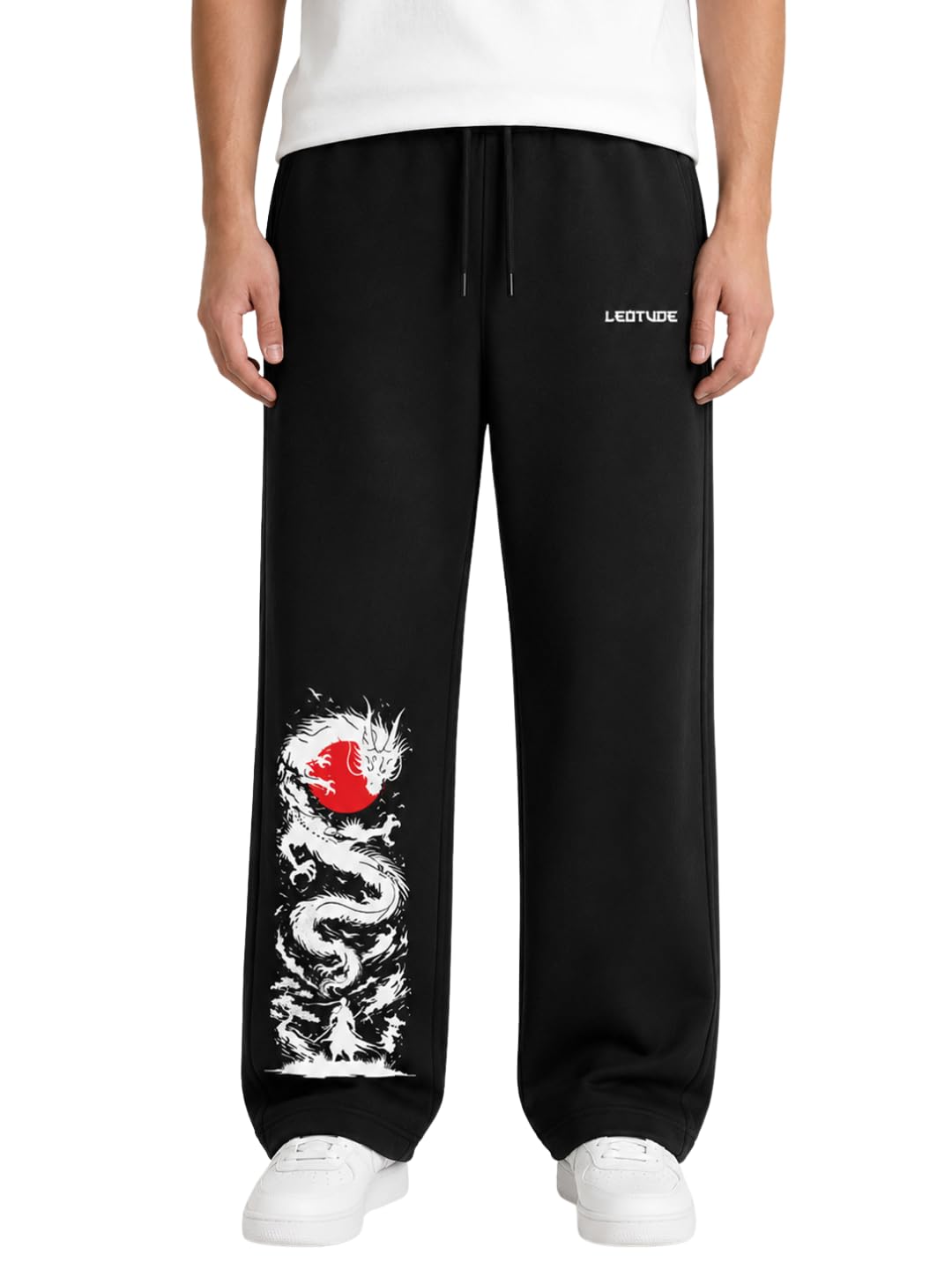 leotude Men's Premium Cotton Printed Baggy Track Pants | Korean Style Joggers | Relaxed Fit Casual Streetwear Trousers | Soft Cotton Blend Gym, Travel Track for Mens (Black)-picture-20