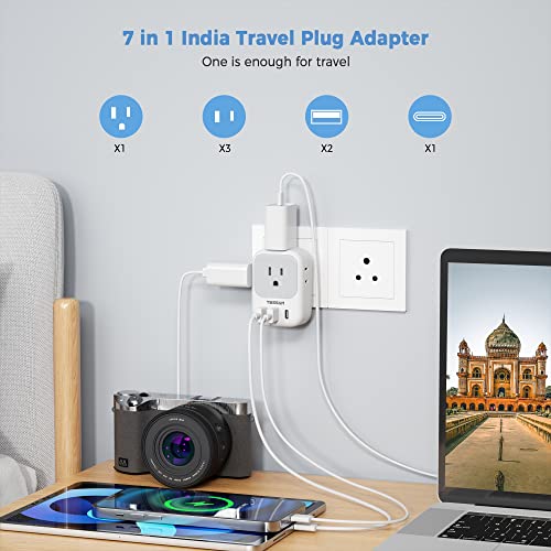 Tessan Us To India Plug Adapter, India Power Adapter With 4 American Outlets 3 Usb Charger (1 Usb C Port), Type D Travel Adaptor For Usa To India Bangladesh Maldives Nepal Pakistan thumb #1