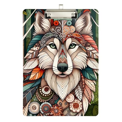 Boho Wolf フローラルプラスチッククリップボード、両面プリントクリップボード、フック付き12.5インチ x 9インチ。