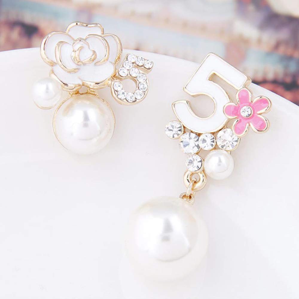 Faux Imitation Pearl White Black Floral Dangle Drop Earrings Studs
