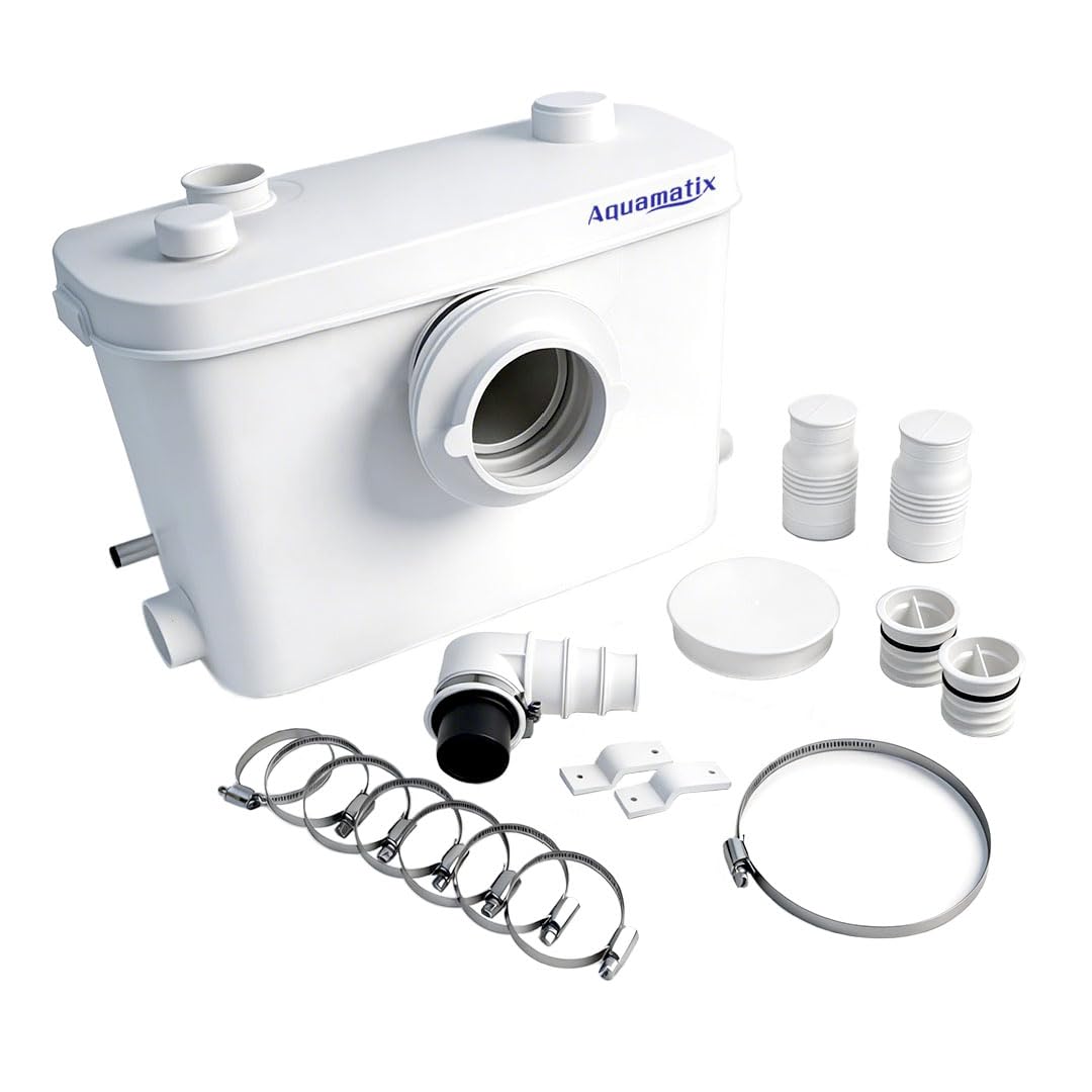 Aquamatix Sanitary Lift Pump 400W Macerator Pump, 100L/min, 8m Lift, 3-Inlet for Toilet Sink Bath, Carbon Filter