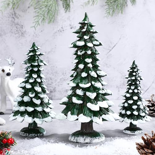 Shellwei 3 Pcs Christmas Tree Tabletop Decorations Winter Snow Resin Sign Ornament Tabletop White Resin Christmastree Centerpiece for Xmas Indoor Home Office Holiday Decoration