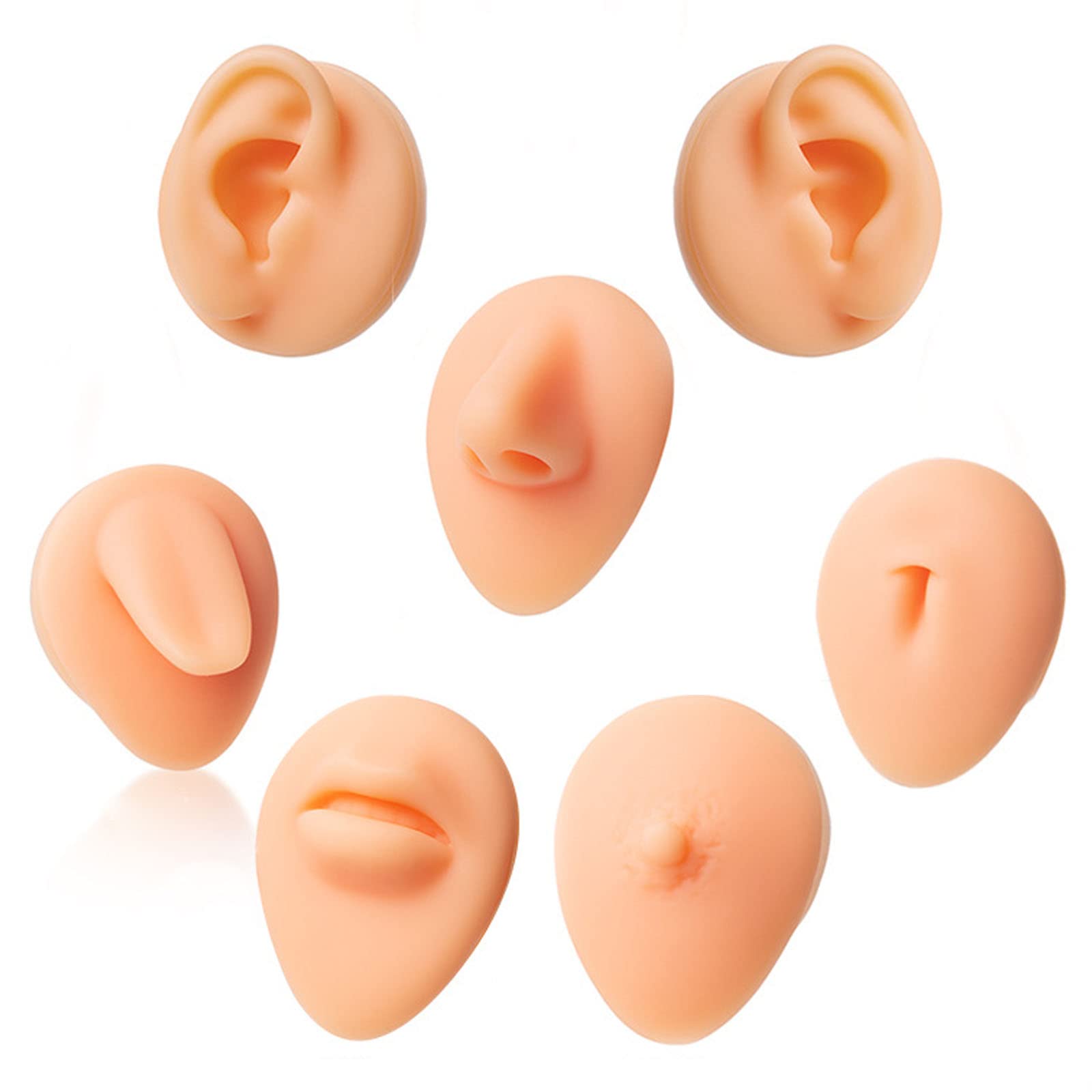 7PC Soft Silicone Piercing Model with Acrylic Stand, Reusable Acupuncture Piercing Practice Body Parts, 3D Flexible Ear Mold Fake Nose for Jewelry Display Medical Teaching Props