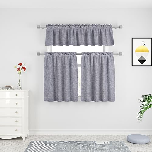 Cortinas pequeñas de cocina para evitar miradas, set de 3 piezas de lino gris 2