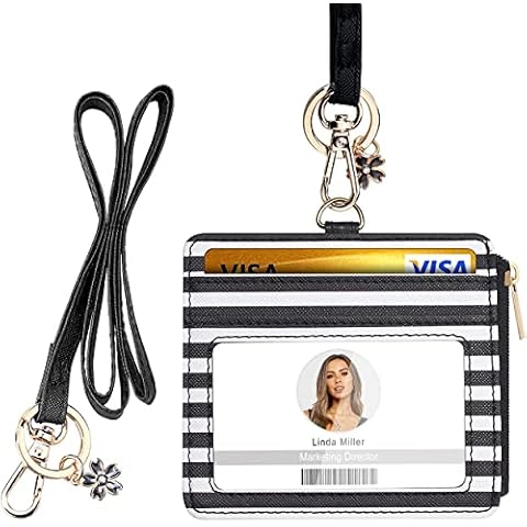 ID Badge Holder with Lanyard, Vertical PU Leather ID Badge Card Holder with 1 Clear ID Window, 4 Credit Card Slots and a Detachable Neck Lanyard (Horizontal - Black White Stripe) Cover